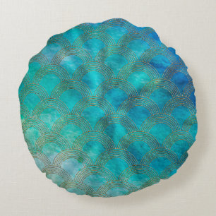 Meer- und Meerjungenskala in Aqua und Gold Rundes Kissen