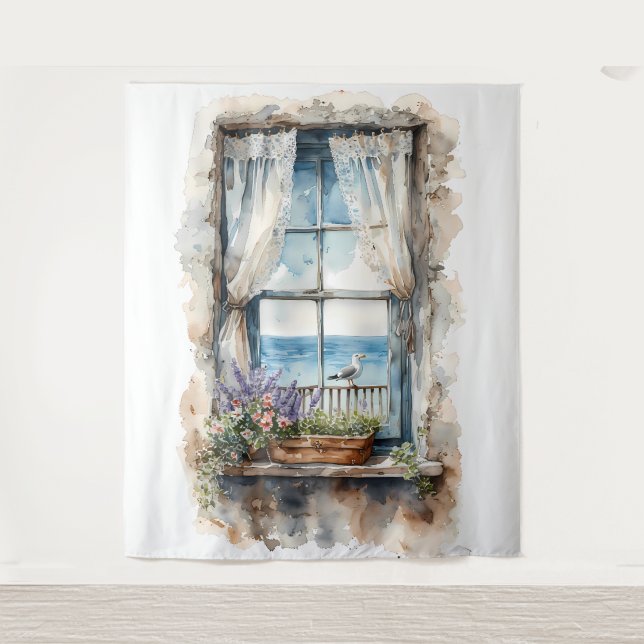 Meerblick aus dem Fenster Aquarell-Küstenlandschaf Wandteppich (Vorderseite)