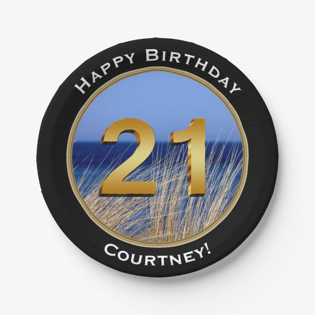 Meerblick-glücklicher 21. Geburtstag mit Namen Pappteller (Vorderseite)