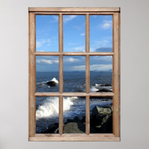 Meerblick von einem Fenster mit Wellenbrechern Poster