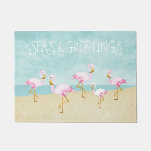 Meere und Gruß-Aquarell-Rosa-Flamingos Fußmatte (Vorderseite)