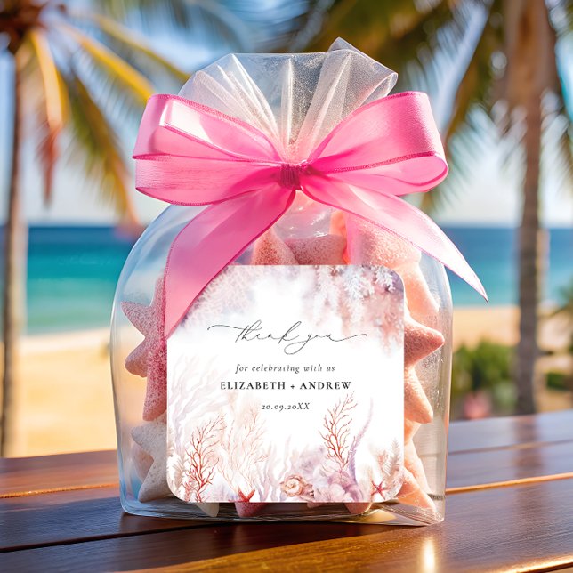 Meeresalgen | Seashell Watercolor Wedding Quadratischer Aufkleber (Von Creator hochgeladen)