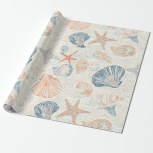Meeresbotanische Muschel Blau Koralle Pfirsich Mus Geschenkpapier