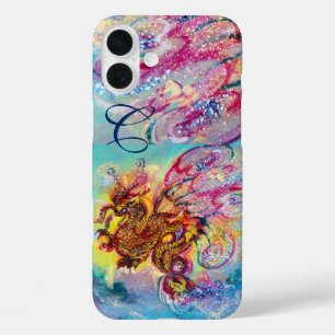 MEERESDRAGON IN GOLD BLAU GLITZERN MONOGRAM iPhone 16 PLUS HÜLLE