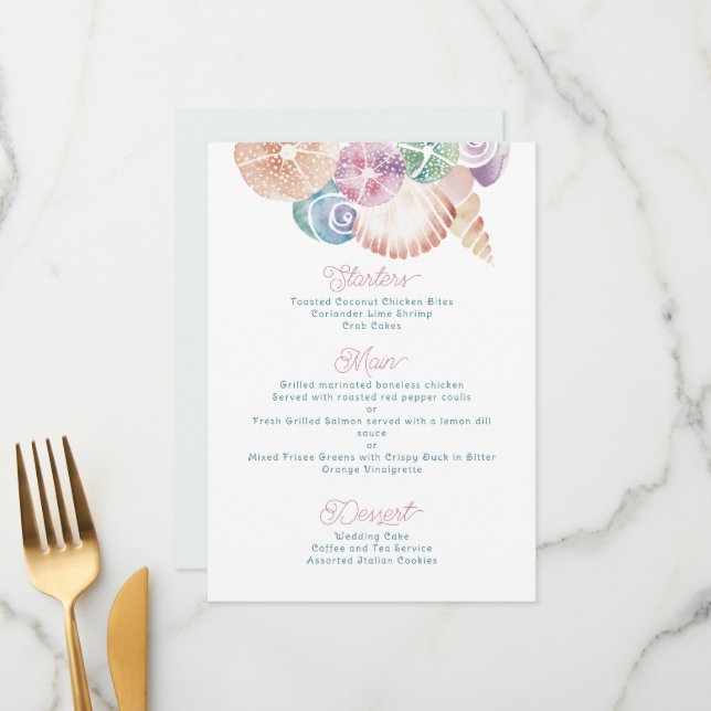 Meeresfarben-MeerSchalen in blau, Lila Orange Menükarte (Vorderseite/Rückseite Beispiel)