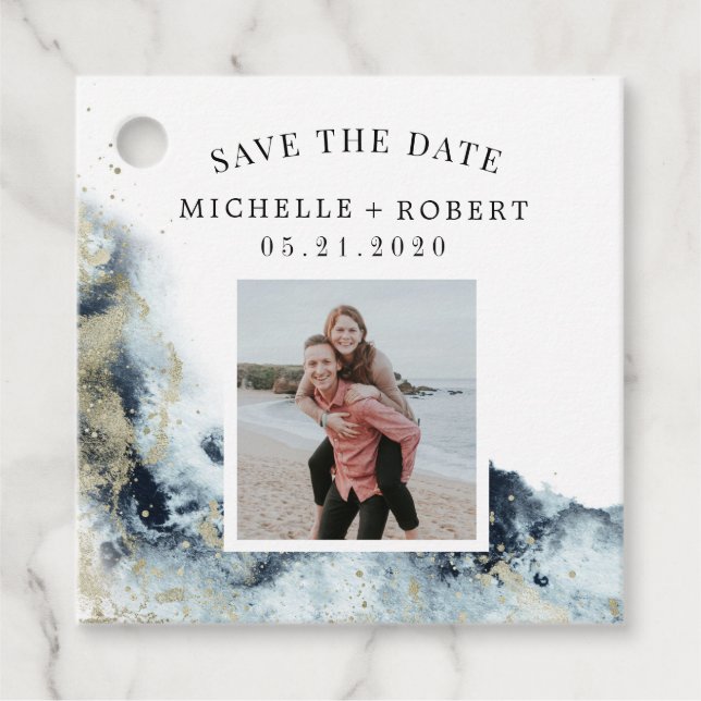 Meeresfarbenwellen Küstenwellen Save the Date Foto Geschenkanhänger (Vorderseite)