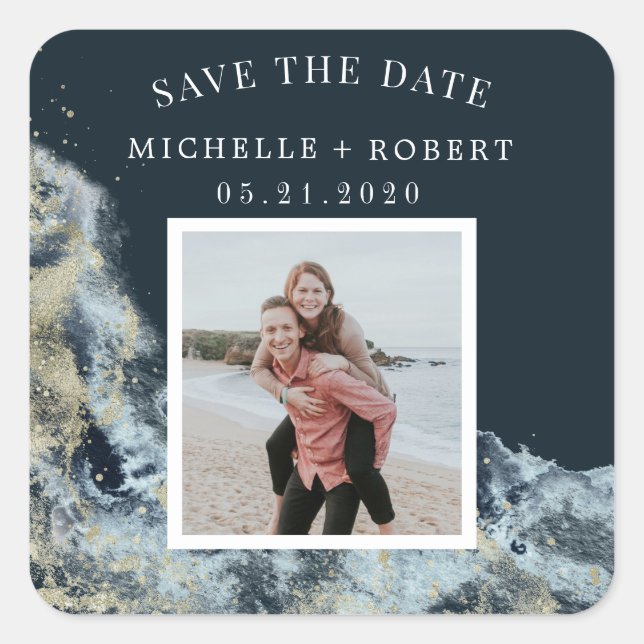 Meeresfarbenwellen Küstenwellen Save the Date Foto Quadratischer Aufkleber (Vorderseite)