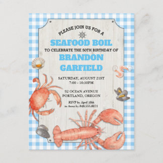 Meeresfrüchte Boil Blue Gingham and Wood Party Einladung