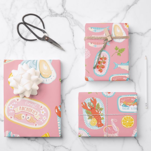 Meeresfrüchte Hummer Sardinen Austern Fisch Geschenkpapier Set (Vorderseite)