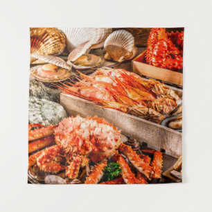 Meeresfrüchte-Küchenplatte als gourmet-Ozean-Abend Wandteppich