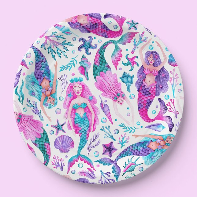 Meeresfrüchte Muscheln + Starfish Geburtstag Pappteller (Watercolor Mermaids Sea Shells + Starfish Birthday Paper Plates)