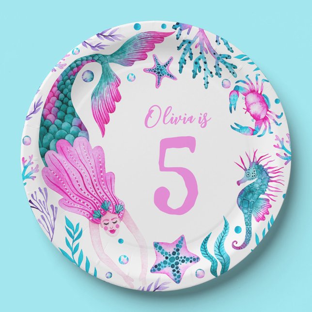 Meeresfrüchte, Muscheln und Meereslebewesen Pappteller (Watercolor Mermaids, Sea Shells + Ocean Creatures Paper Plates)