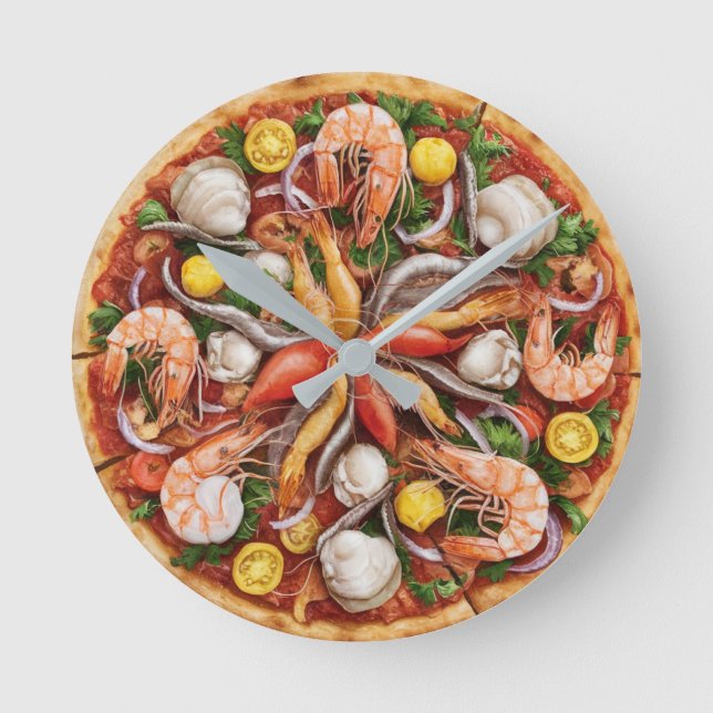 Meeresfrüchte Pizza Runde Wanduhr (Vorderseite)
