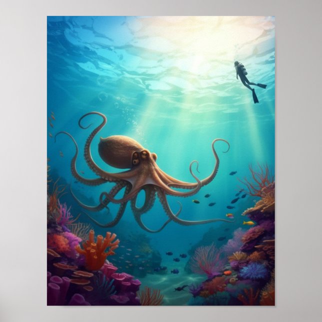Meereskreatur zeigt einen Taucher Poster (Vorne)