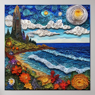 🌊 Meereslandschaft Quilling Papier Kunst Ozeanwel Poster
