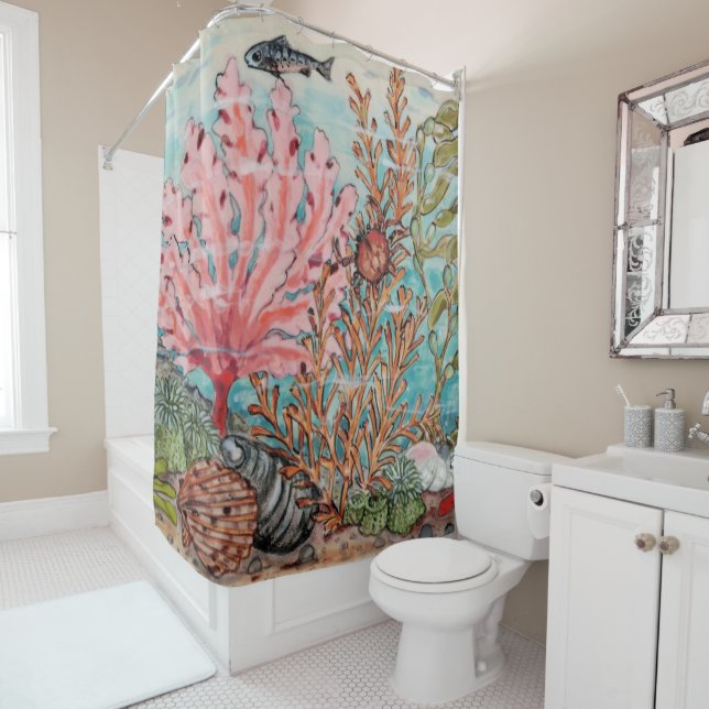 Meeresleben Rosa Korallenfisch Krebse Muscheln Vin Duschvorhang (Beispiel)