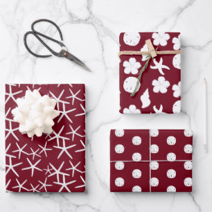 Meeresleben Sanddollars Seesterne Muscheln Burgund Geschenkpapier Set