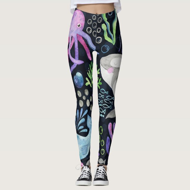 Meereslebensfarbe, dunkler Hintergrund. Leggings (Vorderseite)