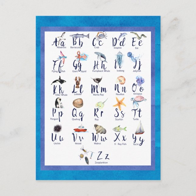 Meereslebewesen Alphabet Aquarell Postkarte (Vorderseite)