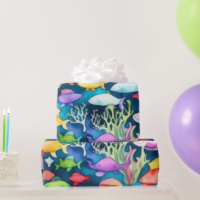 Meereslebewesen Fischkorallen Sommervibes Packpapi Geschenkpapier (Partygeschenke)