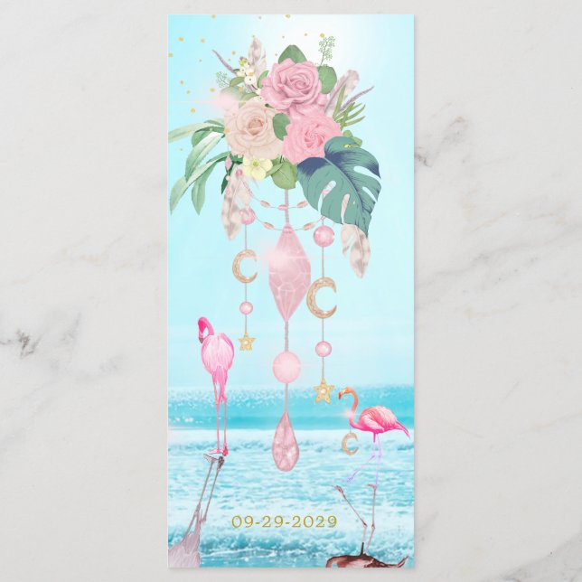 Meeresmeer Flamingo Floral Juwelen Pink Wedding Me Menükarte (Rückseite)