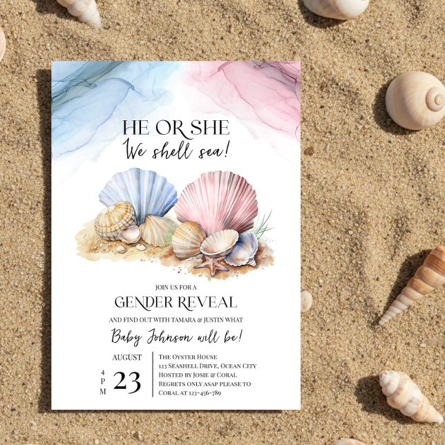 Meeresmuschel Geschlechterenthüllung Er oder Sie W Einladung (He or She We Shell Sea Coastal Gender Reveal Invitation by Darling & May)