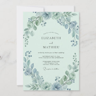Meeresschaum-Stahlblau-Eukalyptus-Hochzeit Einladung
