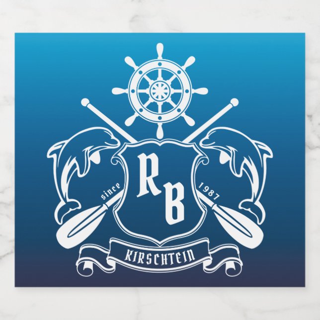 Meeresschild-Insignien-Delphine-Helm-Oars-Schild Bierflaschenetikett (Einzelnes Label)