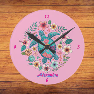 Meeresschildkröte Floral Boho Schule Büro Name Run Runde Wanduhr