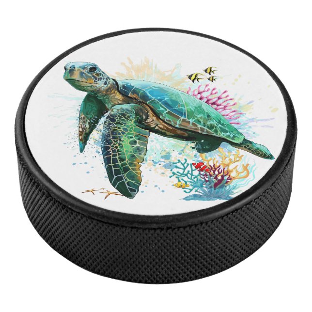 Meeresschildkröte im Unterwasser-Aquarell-Stil Eishockey Puck (3/4)