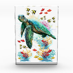 Meeresschildkröte im Unterwasser-Aquarell-Stil Fotoblock