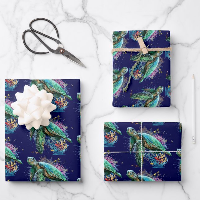 Meeresschildkröte im Unterwasser-Aquarell-Stil Geschenkpapier Set (Vorderseite)