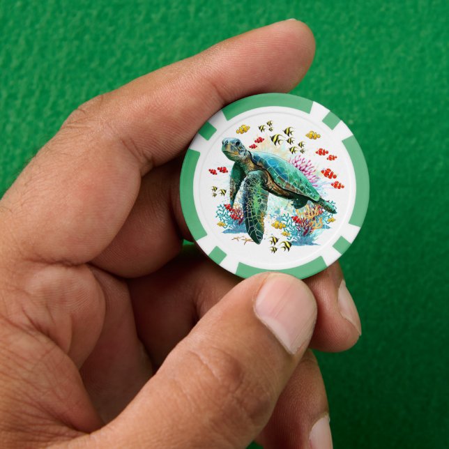Meeresschildkröte im Unterwasser-Aquarell-Stil Pokerchips (Hand)