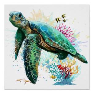 Meeresschildkröte im Unterwasser-Aquarell-Stil Poster