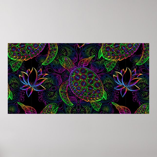 Meeresschildkröte in psychedelischen Multicolorfar Poster (Vorne)