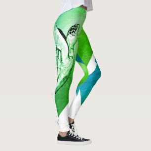 Meeresschildkröte Kunst Druck Grafik Aqua Grün Tür Leggings