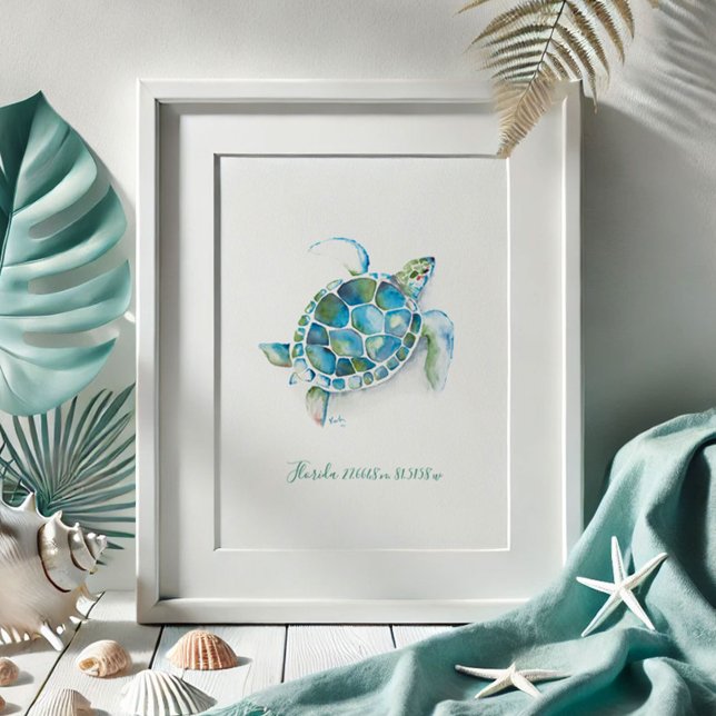 Meeresschildkröte Poster (Beach pictures watercolor sea turtle drawing coastal art by Victoria Grigaliunas of Do Tell A Belle )