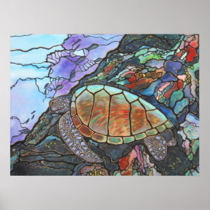 Meeresschildkröte-Schwimmen durch ein Korallenriff Poster