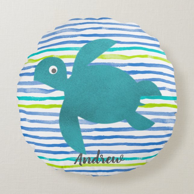 Meeresschildkröte Shibori Welle und Streifen Rundes Kissen (Vorderseite)