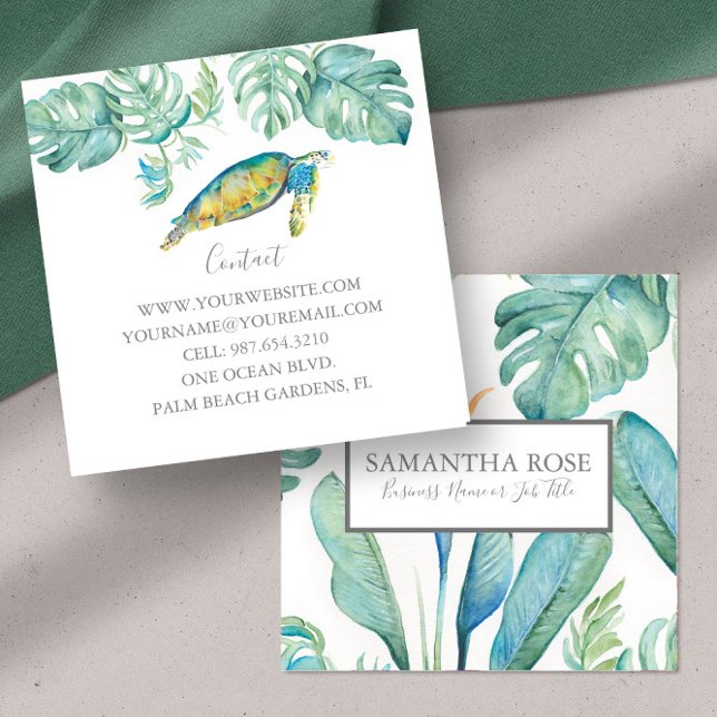 Meeresschildkröte Tropische Vegetation Quadratische Visitenkarte (template business cards tropical watercolor sea turtle and palm leaves Do Tell A Belle)