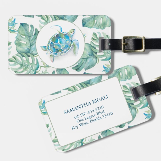 Meeresschildkröte tropische Wasserfarbe Gepäckanhänger (Luggage tags feature tropical watercolor sea turtle and monstera leaf art by Victoria Grigaliunas)