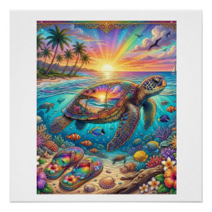 Meeresschildkröte Tropischer Sonnenuntergang Regen Poster