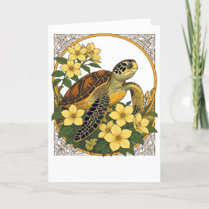 Meeresschildkröte und gelbe Gelsemium-Blüten Feiertagskarte