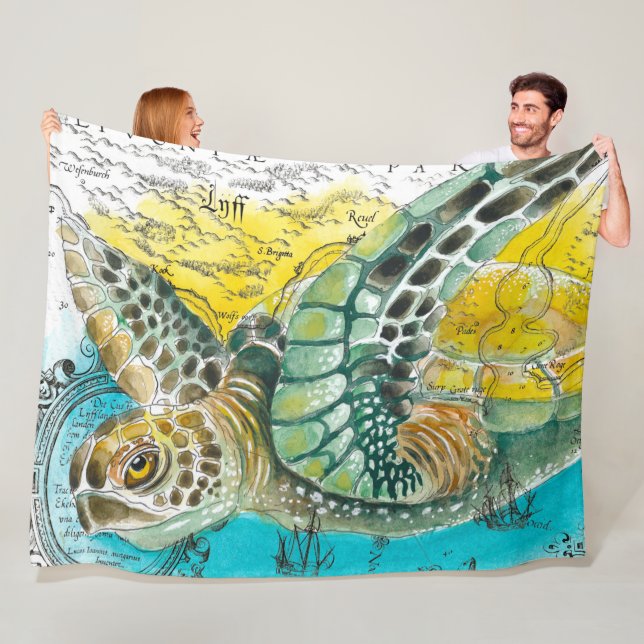 Meeresschildkröte Wasserfarbe Vintage Karte weiß Fleecedecke (Beispiel)