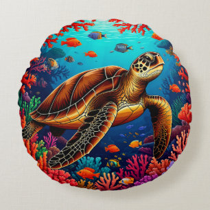 🐠 Meeresschildkröten-Kunst für Küstenakzent-Dekor Rundes Kissen