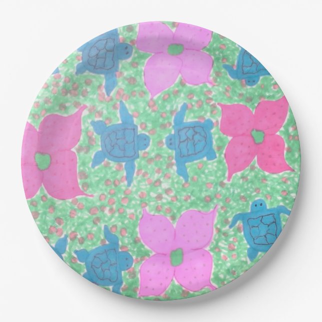 Meeresschildkröten und Blume Papier Teller (Vorderseite)
