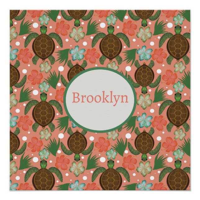 Meeresschildkröten und Hibiskus Koralle Rosa Blüte Poster (Vorderseite)