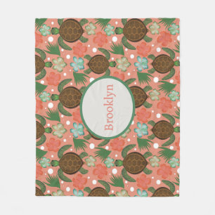 Meeresschildkröten und Hibiskus Korallenrosa Fleecedecke