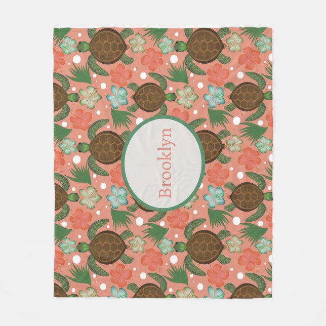 Meeresschildkröten und Hibiskus Korallenrosa Fleecedecke (Vorderseite)