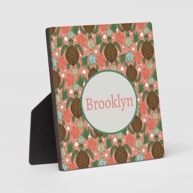 Meeresschildkröten und Hibiskus Korallenrosa Fotoplatte (Vorderseite)